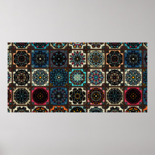 Colorful vintage seamless pattern with floral and poster