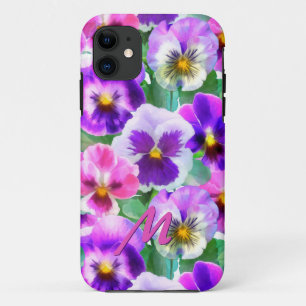 Colorful Violets Pansy Flower Monogram  iPhone 11 Case