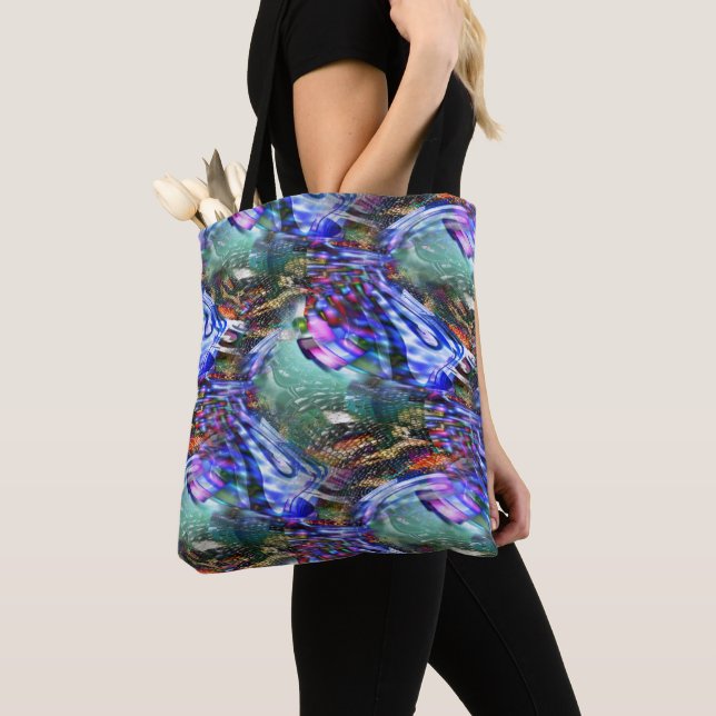 Colorful virtual image fluctuation over battleship tote bag (Close Up)