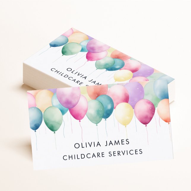 Colorful Watercolor Balloons Childcare Babysitter Business Card (Creator Uploaded)
