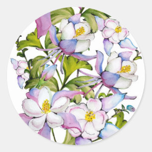 Colorful watercolor bouquet of columbine and green classic round sticker