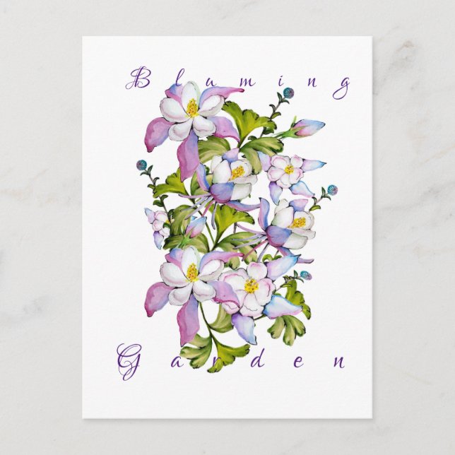 Colorful watercolor bouquet of columbine and green postcard (Front)