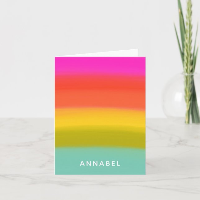 Colorful Watercolor Bright Rainbow Stripes Name Note Card (Front)