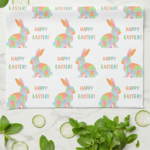Colorful Watercolor Bunnies And Happy Easter Text Tea Towel