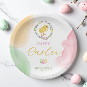 Colorful Watercolor Easter Chick In Willow Wreath Paper Plate
