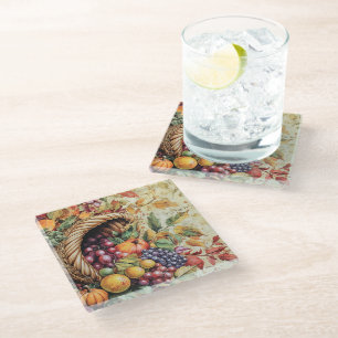 COLORFUL WATERCOLOR FALL CORNUCOPIA GLASS COASTER