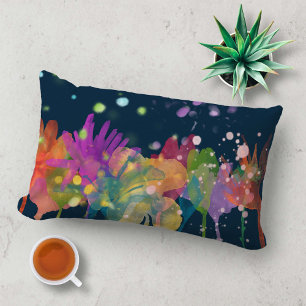 Colorful Watercolor Flowers on Dark Blue Lumbar Cushion