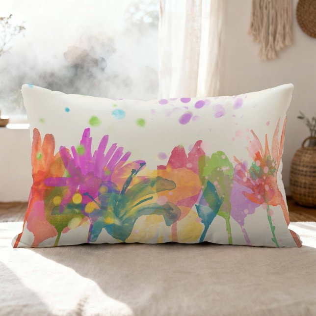 Colorful Watercolor Flowers on Off-white Lumbar Cushion (Creator Uploaded)
