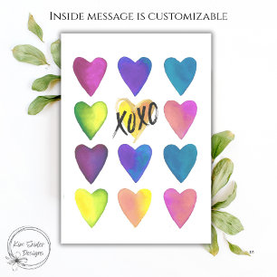 Colorful Watercolor Hearts XOXO Valentine’s Day  Card