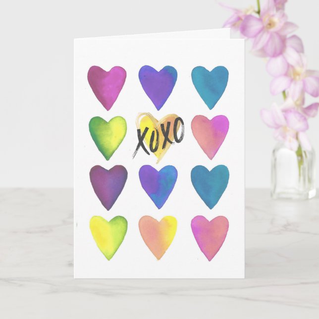 Colorful Watercolor Hearts XOXO Valentine’s Day  Card (Orchid)