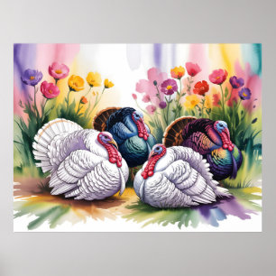 Colorful Watercolor Illustration of Turkeys Poster