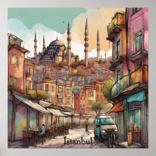 Colorful Watercolor Istanbul Skyline Poster