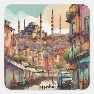 Colorful Watercolor Istanbul Skyline Square Sticker