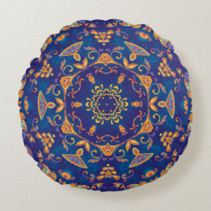 Colorful watercolor kaleidoscope mandala. Oriental Round Cushion