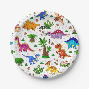 Colorful Watercolor Kids' Birthday Dinosaur Paper Plate