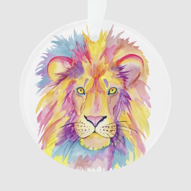 Colorful Watercolor Lion Ornament (Front)