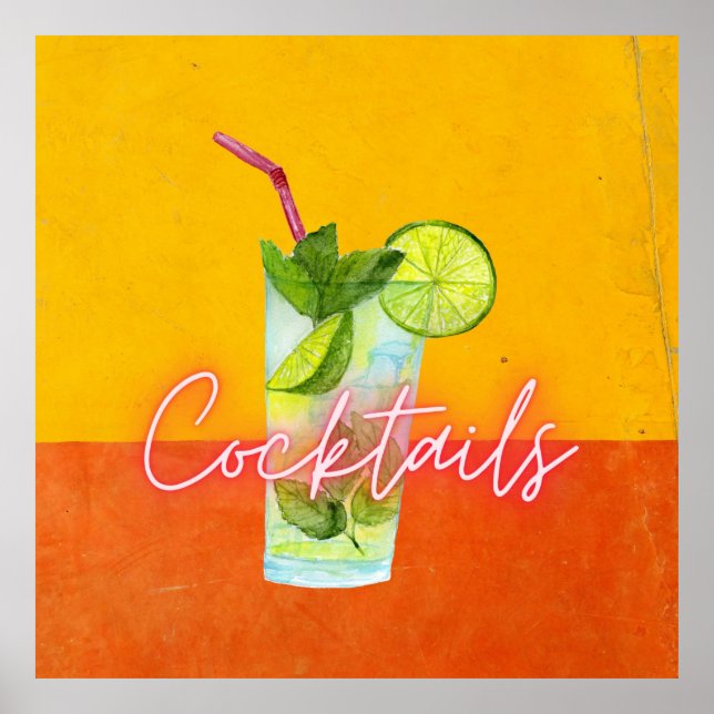 Colorful Watercolor & Neon  Cocktails Bar Art Poster (Front)
