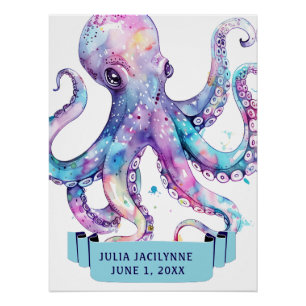 COLORFUL WATERCOLOR OCTOPUS WITH NAME Birthday Poster