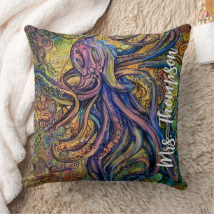 Colorful Watercolor Octopus with Personalized Name Cushion