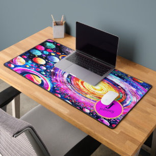 COLORFUL WATERCOLOR OUTER SPACE MONOGRAM DESIGN DESK MAT