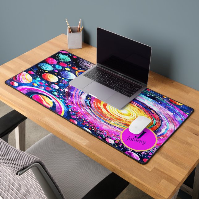 COLORFUL WATERCOLOR OUTER SPACE MONOGRAM DESIGN DESK MAT (Office 2)