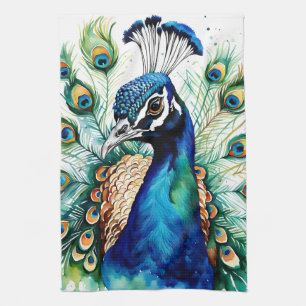 Colorful Watercolor Peacock Kitchen Towel