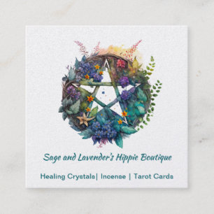 Colorful Watercolor Pentagram and Flowers  Square Business Card