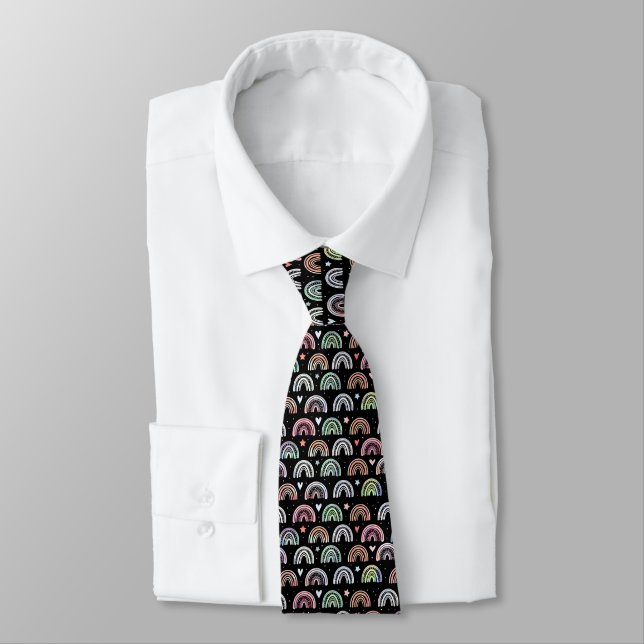 Colorful Watercolor Rainbow arch pattern on black Tie (Tied)