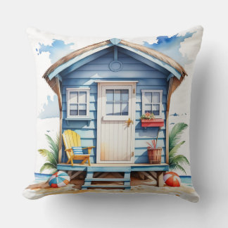 COLORFUL WATERCOLOR SUMMER BEACH HUT CUSHION