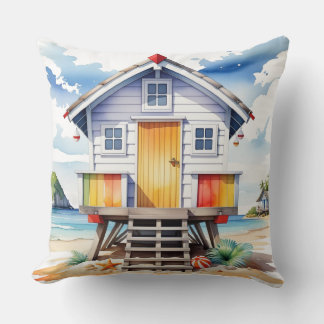 COLORFUL WATERCOLOR SUMMER BEACH HUT CUSHION