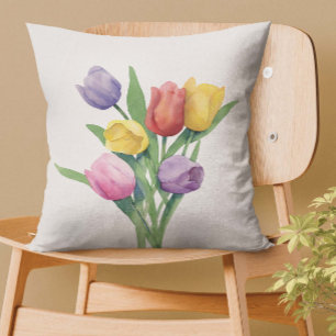 Colorful Watercolor Tulips Cushion