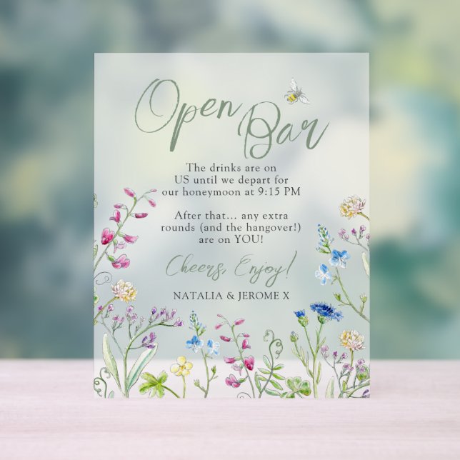 Colorful Watercolor Wildflower Open Bar wedding Acrylic Sign (Neutral)