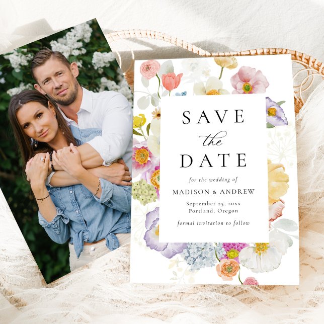 Colorful Watercolor Wildflower Photo Wedding Save The Date (Creator Uploaded)