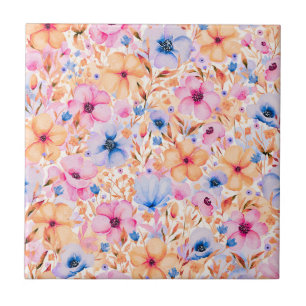 Colorful Watercolor Wildflowers Floral Pattern Ceramic Tile