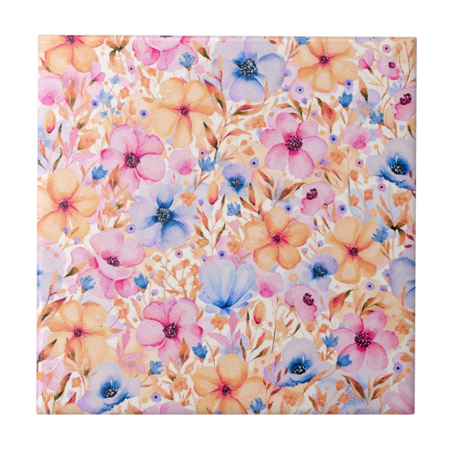 Colorful Watercolor Wildflowers Floral Pattern Ceramic Tile (Front)