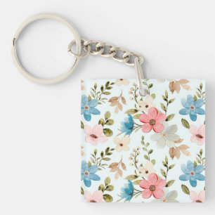 Colorful Watercolor Wildflowers Pattern Key Ring