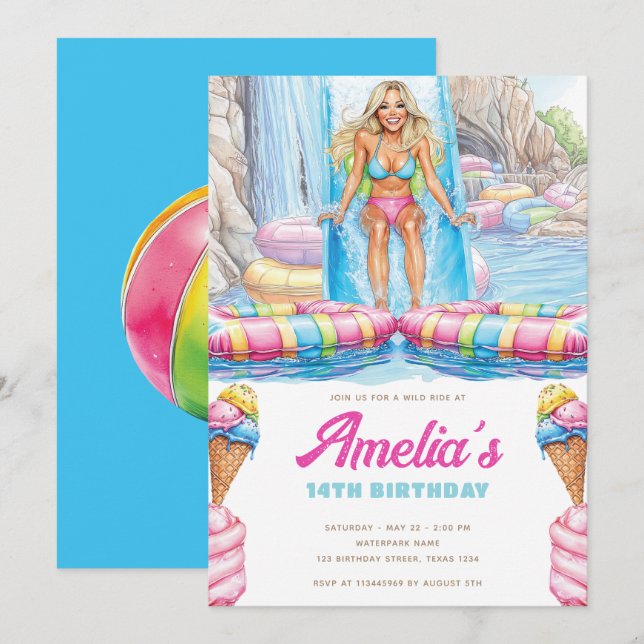 Colorful Waterpark Girl Teen Birthday Invitation (Front/Back)