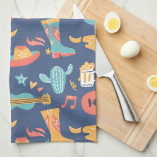Colorful Western Images on Blue Tea Towel