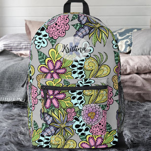 Colorful Whimsical Flowers and Leaves Botanical Printed Backpack