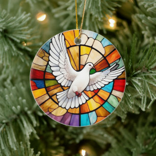 Colorful White Dove Stained Glass Bird Ceramic Ornament