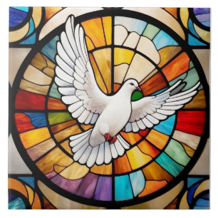 Colorful White Dove Stained Glass Bird Ceramic Tile