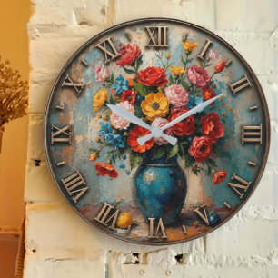 Colorful Wildflower Bouquet Vintage Floral Vase Large Clock