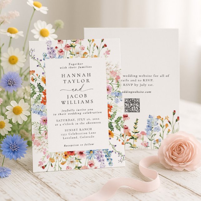 Colorful Wildflower Floral QR Code RSVP Wedding Invitation (Creator Uploaded)