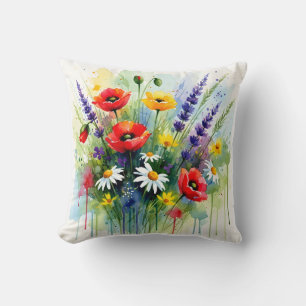 Colorful Wildflower Meadow Watercolor Abstract  Cushion