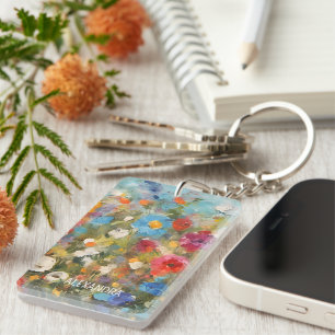 Colorful Wildflowers Abstract Floral Personalized Key Ring