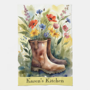 Colorful Wildflowers Gardener Floral Boots Tea Towel
