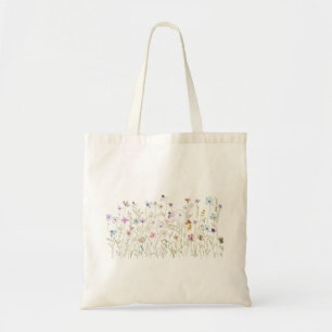 colorful wildflowers golden ink and watercolor tote bag