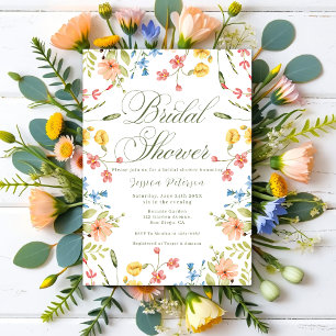 Colorful Wildflowers Green & White Bridal Shower  Invitation