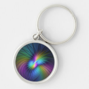 Colorful With Blue Modern Abstract Fractal Art Key Ring