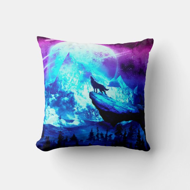 Colorful wolf howling cushion (Front)